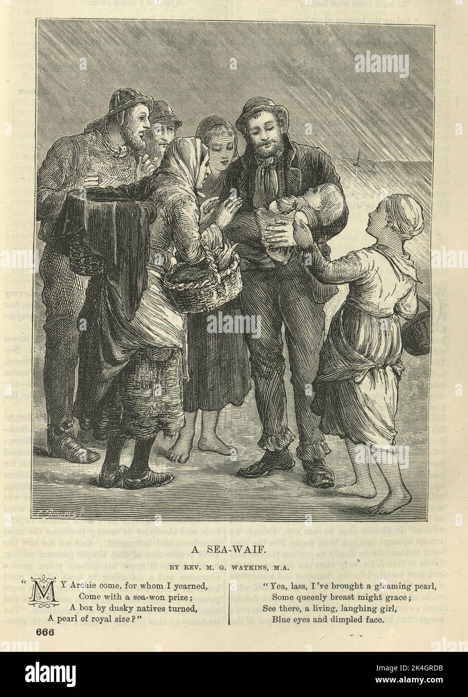 Illustrated Victorian poem, A Sea waif, Young girl rescued from the sea, 1870s, 19th Century Stock Photo