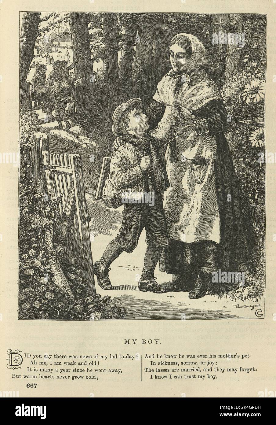Illustrated Victorian poem, My Boy, Mother sending her little child off to school, 1870s, 19th Century Stock Photo
