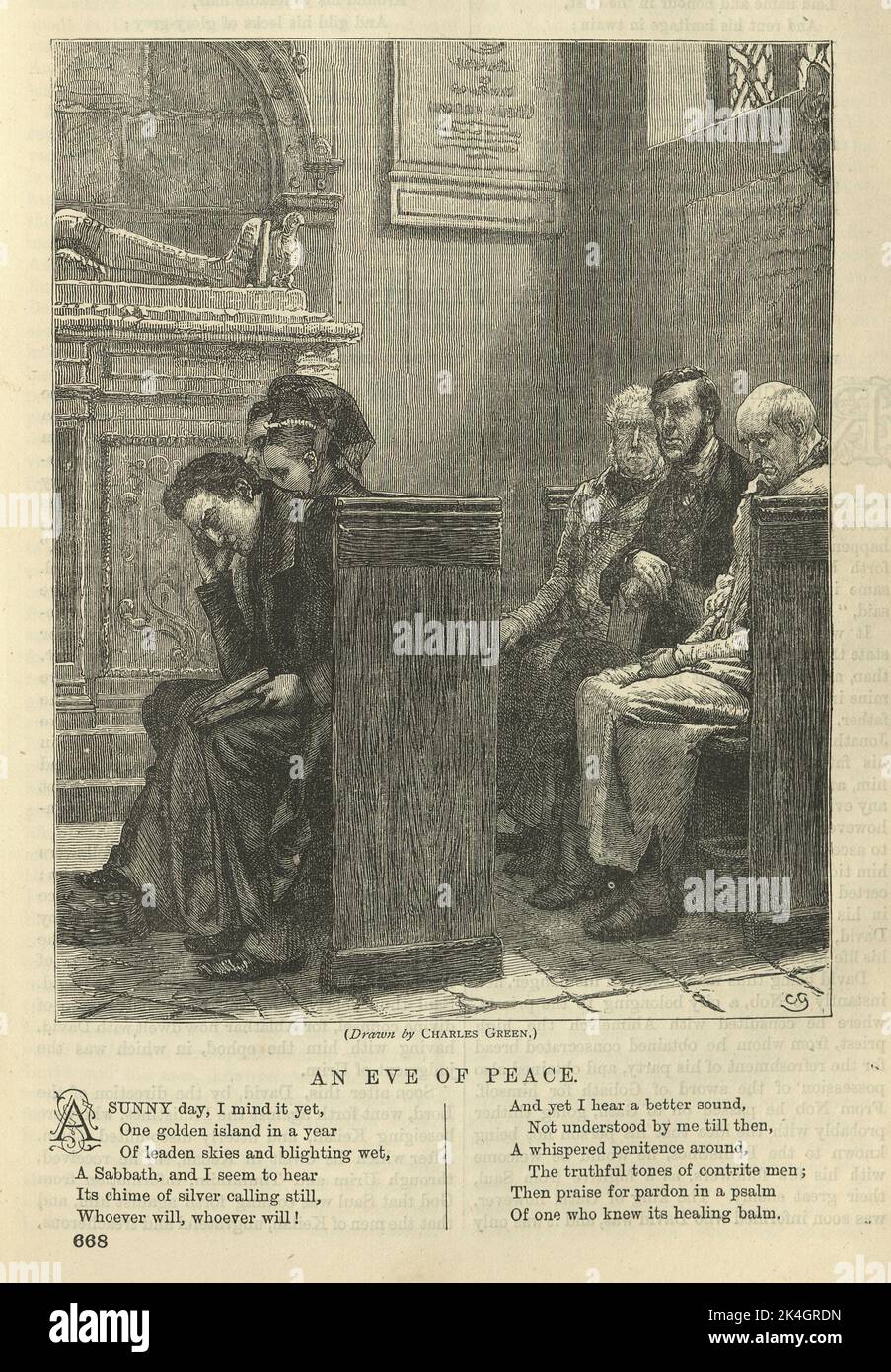 Illustrated Victorian poem, An eve of peace, Group of people sat in church, 1870s, 19th Century Stock Photo