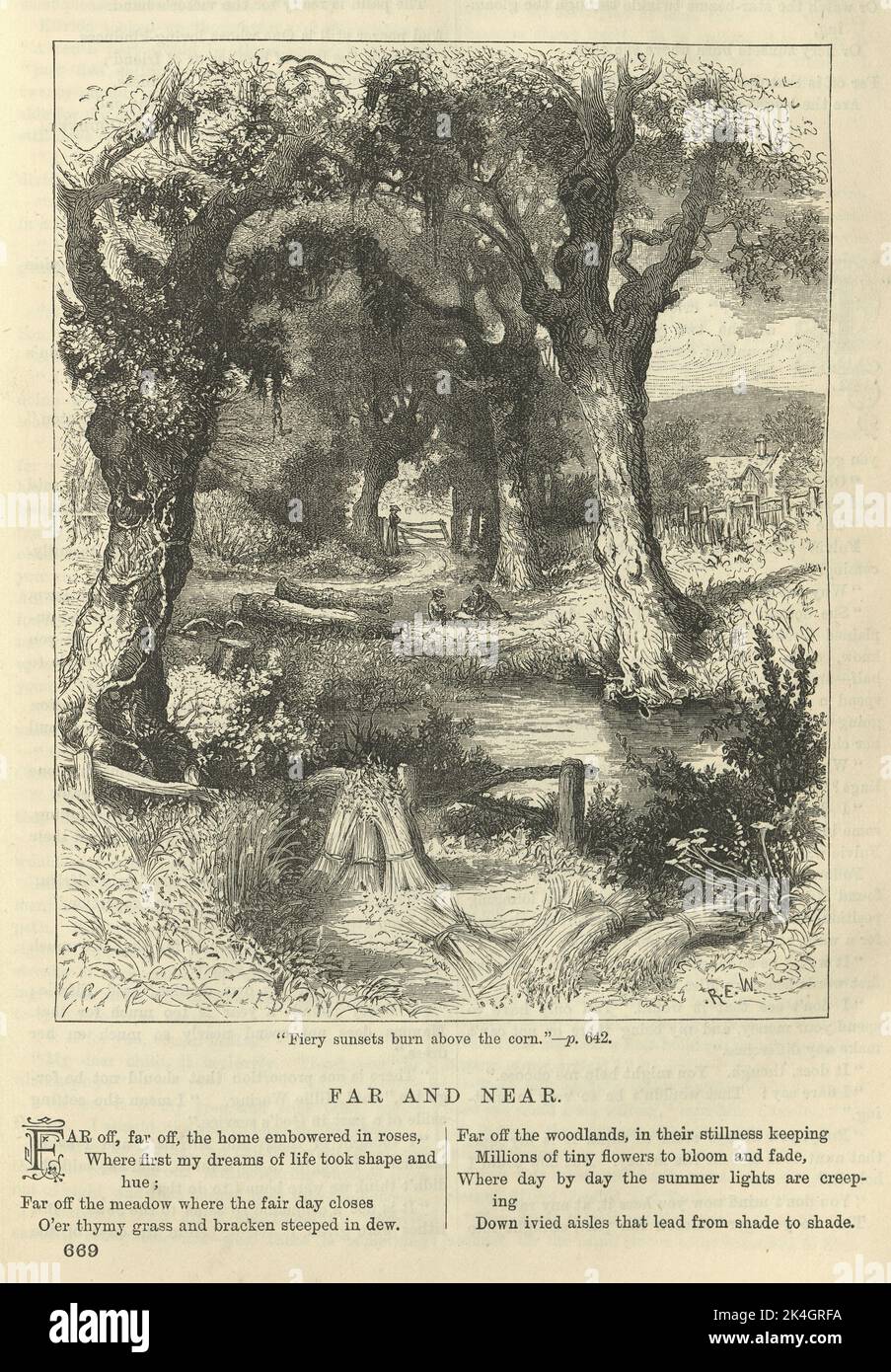 Illustration for Victorian poem Far and Near, 1870s, 19th Century, Wheat field, Woodland path, Rural landscape Stock Photo