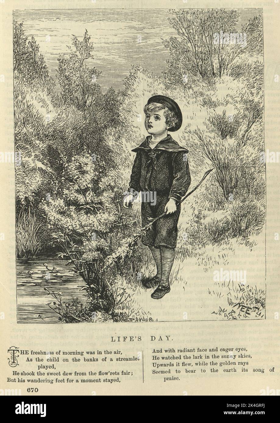 Illustration for Victorian poem Life's Day, 1870s, 19th Century, Little boy playing outside in countyside Stock Photo