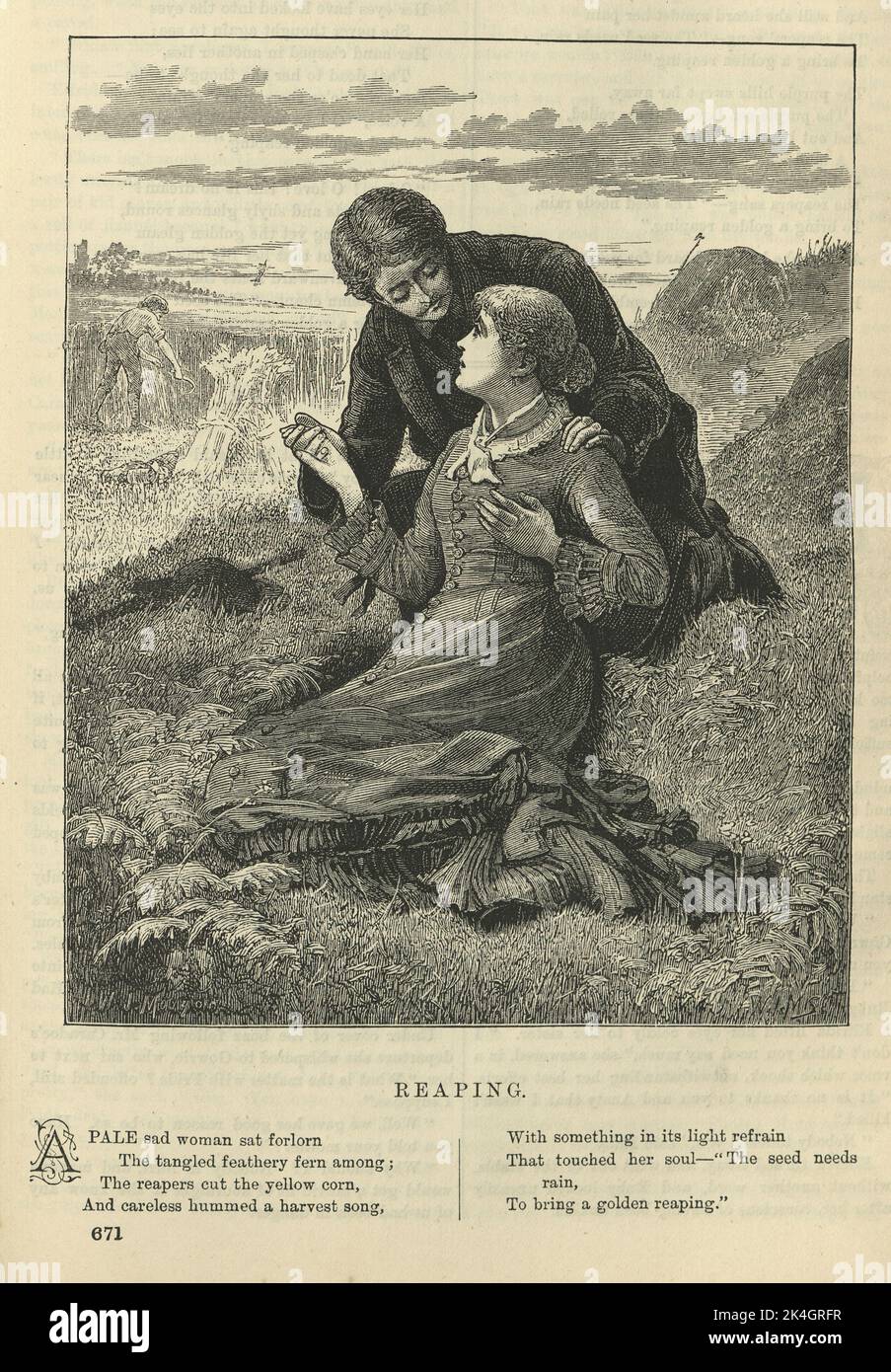 Illustration for Victorian poem Reaping, 1870s, 19th Century, Young couple in lvoe at harvest time, English Stock Photo