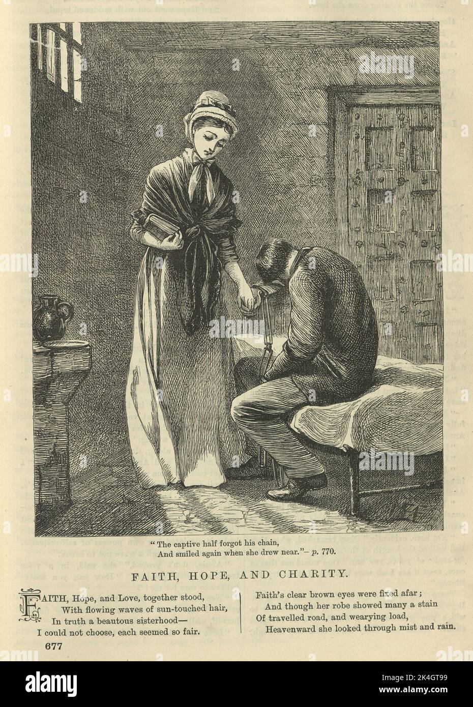 Illustrated Victorian poem, Faith hope and charity, Young woman visiting a man in prison, Poetry, 1870s, 19th Century Stock Photo