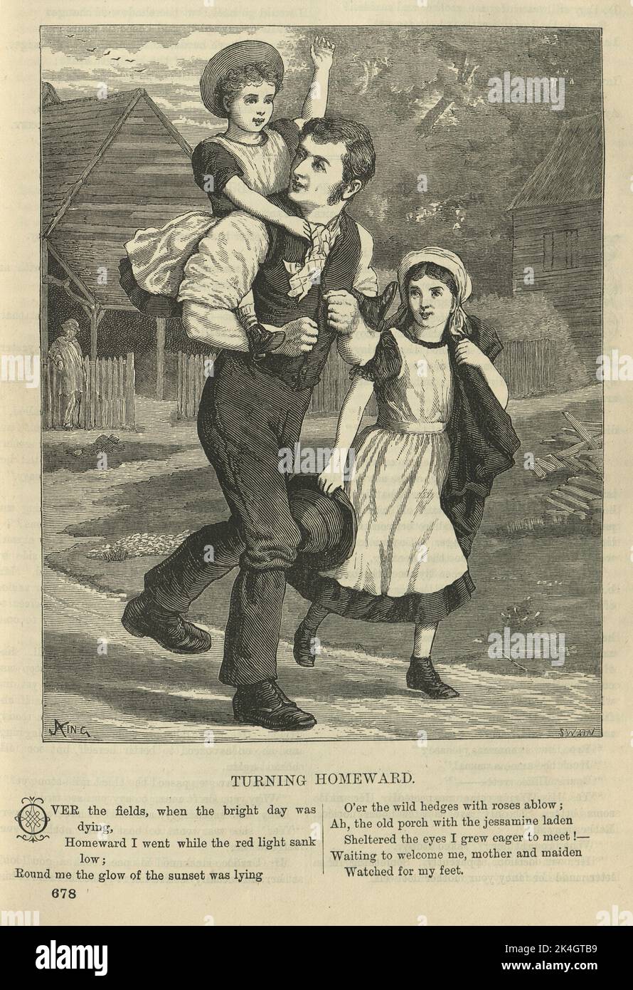 Illustrated Victorian poem, Father walking home with his children, Turning homeward, Poetry, 1870s, 19th Century Stock Photo