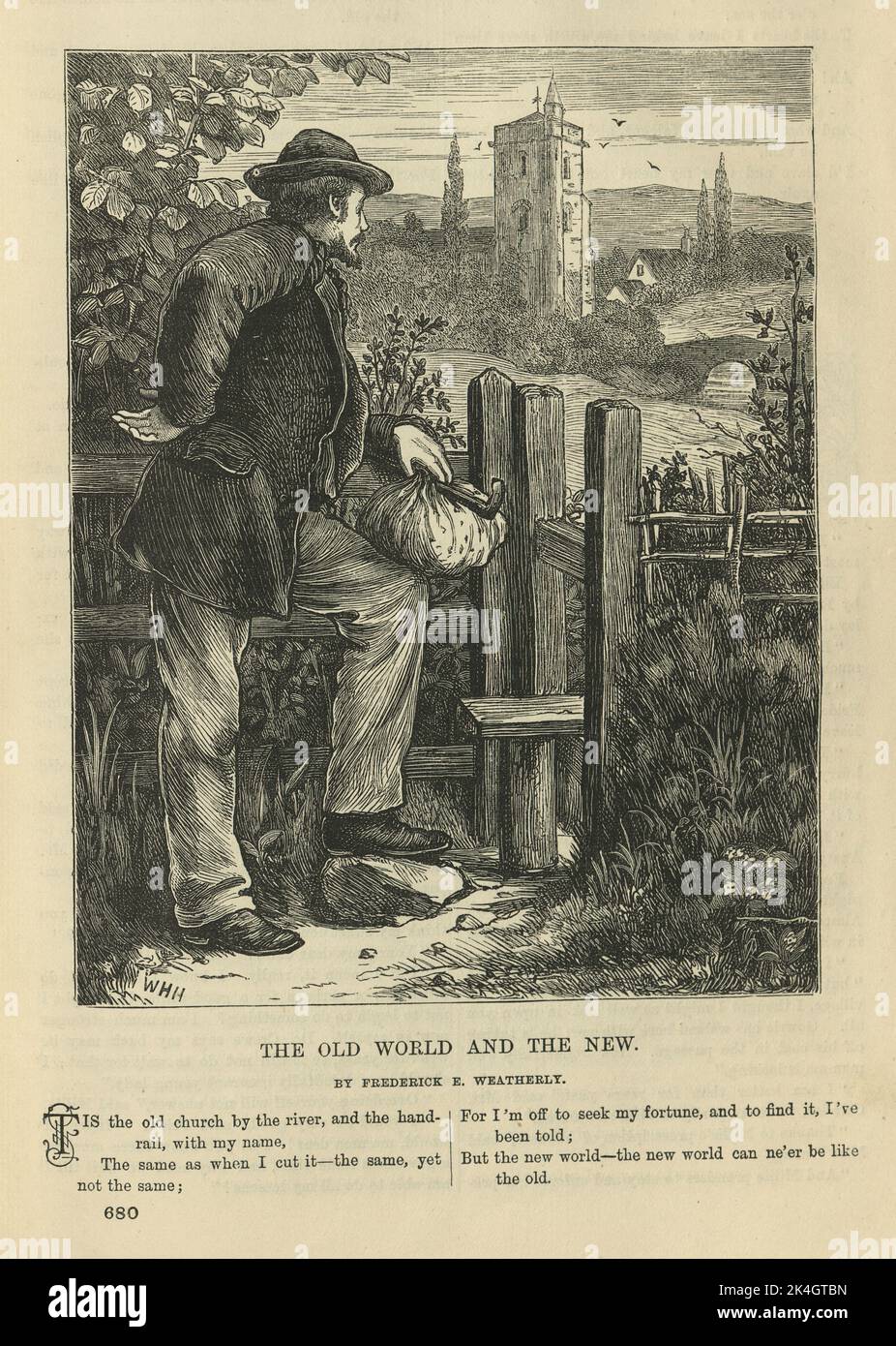 Illustrated Victorian poem, The Old World and the New, Man looking at an old church, Poetry, 1870s, 19th Century Stock Photo