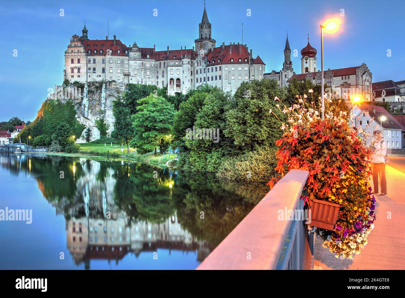 Schloss (Castle) Sigmaringen, a historic Hohenzollern stronghold along the Danube in Swabian Alb region of Baden-Württemberg at night. Stock Photo