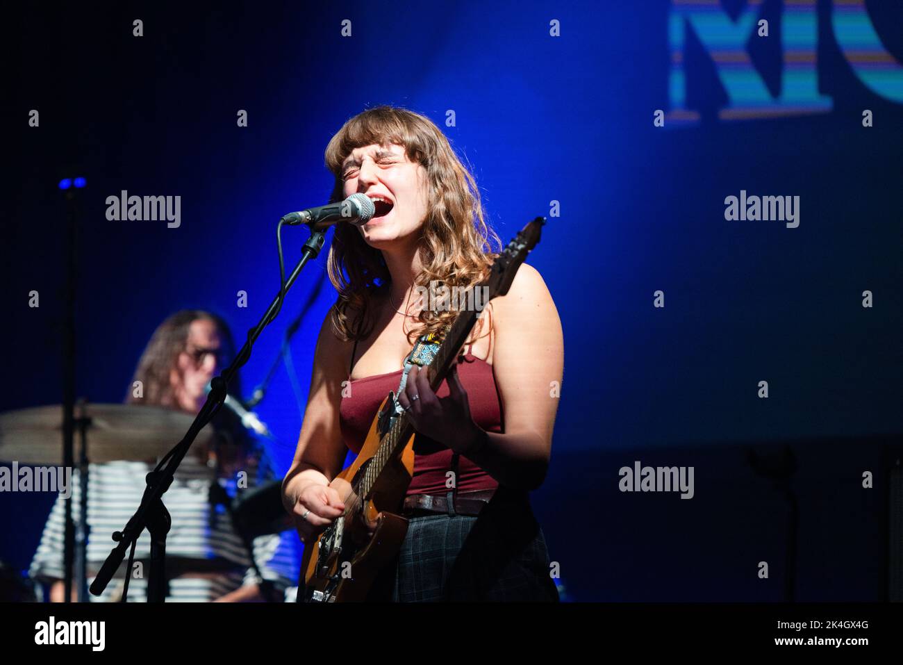 All girl band The Big Moon play the Far Out Stage at Green Man Festival 2019 music festival in Wales, UK. Photo: Rob Watkins. Stock Photo