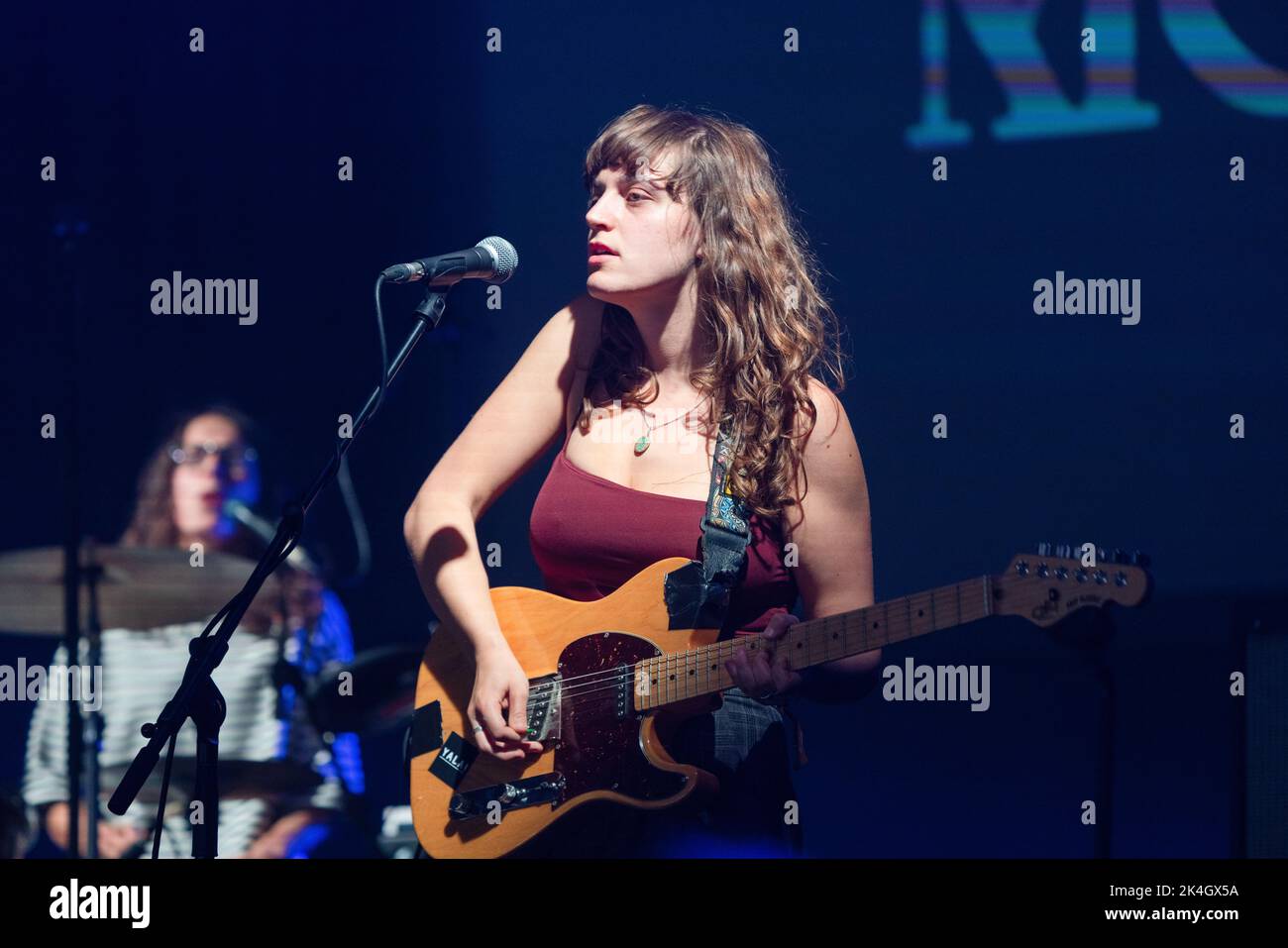 All girl band The Big Moon play the Far Out Stage at Green Man Festival 2019 music festival in Wales, UK. Photo: Rob Watkins. Stock Photo