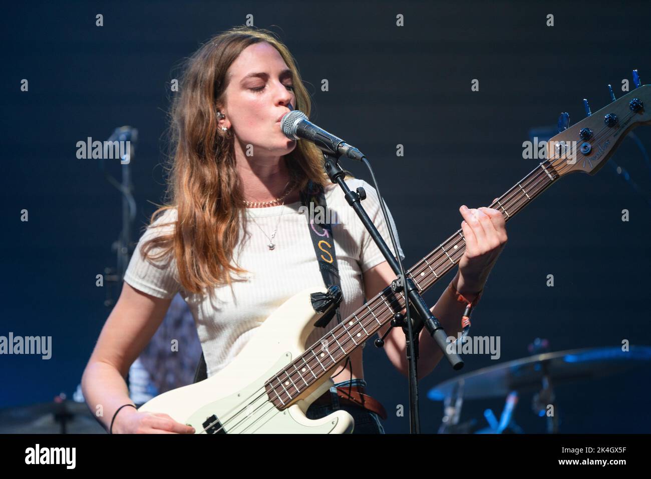 All girl band The Big Moon play the Far Out Stage at Green Man Festival 2019 music festival in Wales, UK. Photo: Rob Watkins. Stock Photo