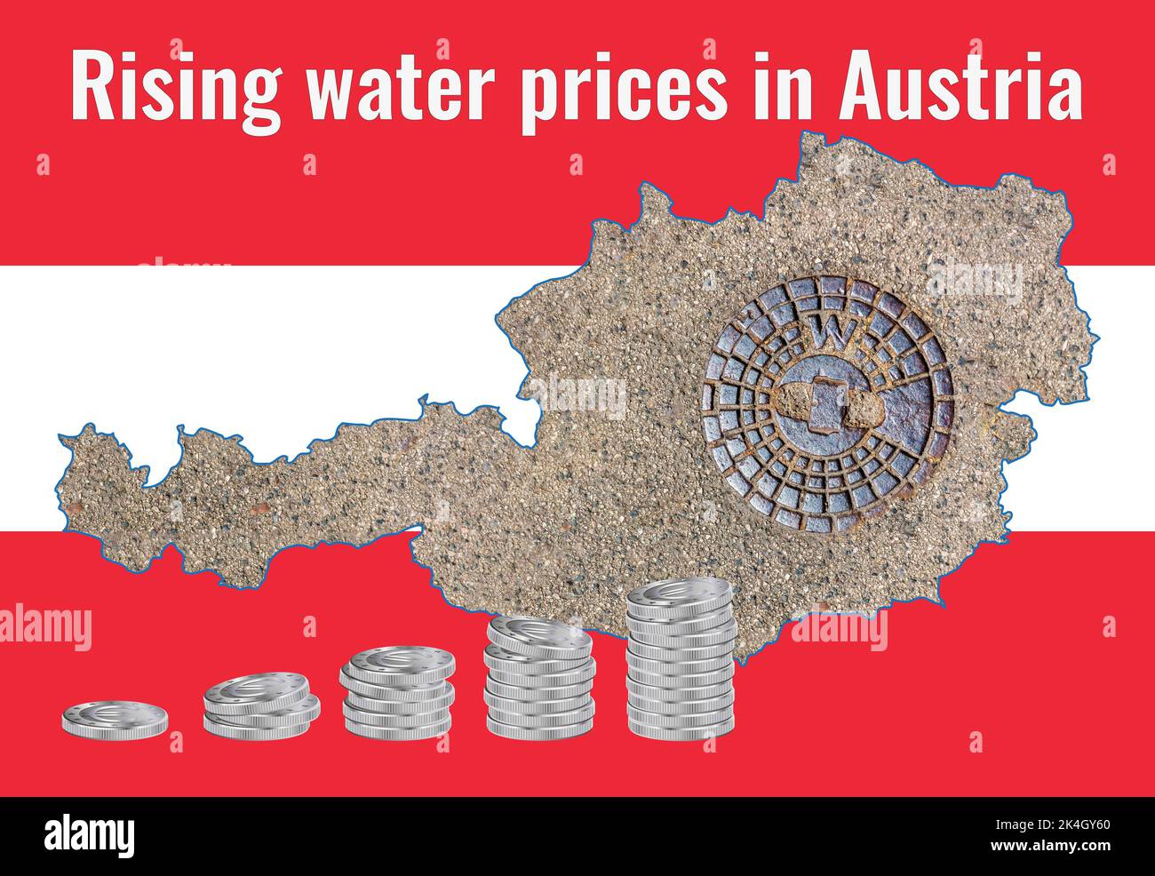 Outline map of Austria with the image of the national flag. Hatch for the water system inside the map. Stacks of Euro coins. Collage. Financial crisis Stock Photo