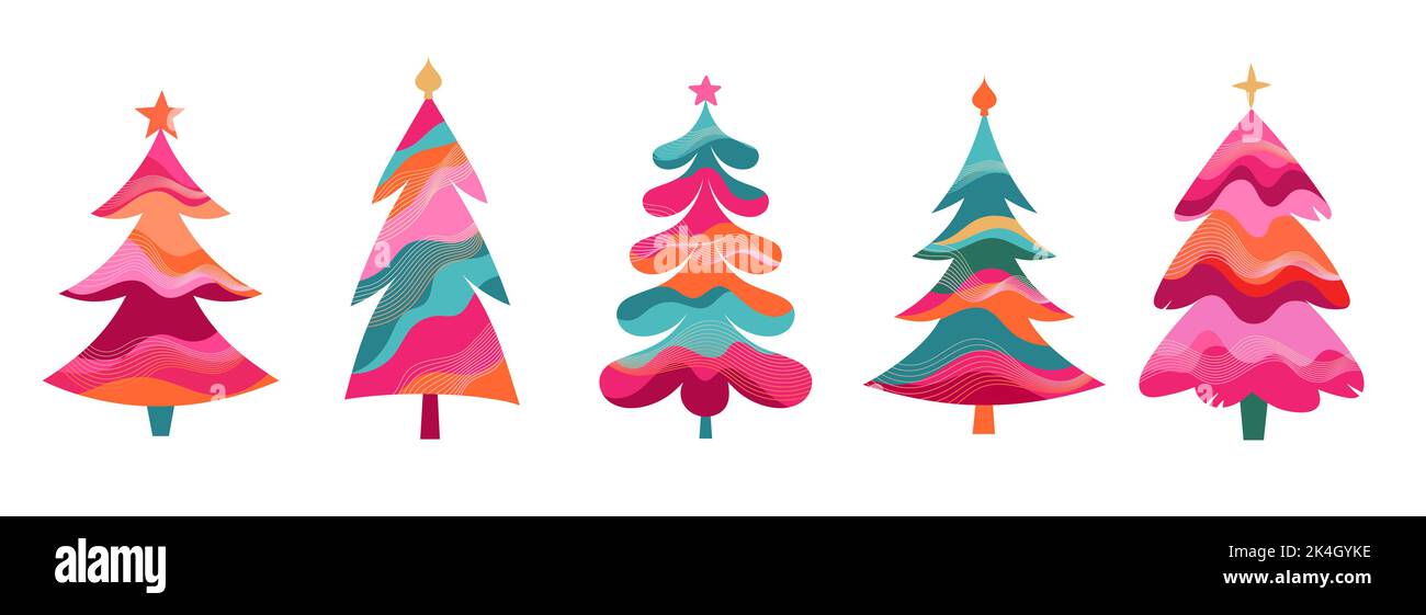 Colorful Retro Christmas Trees Collection for New Year 2023 Stock Vector