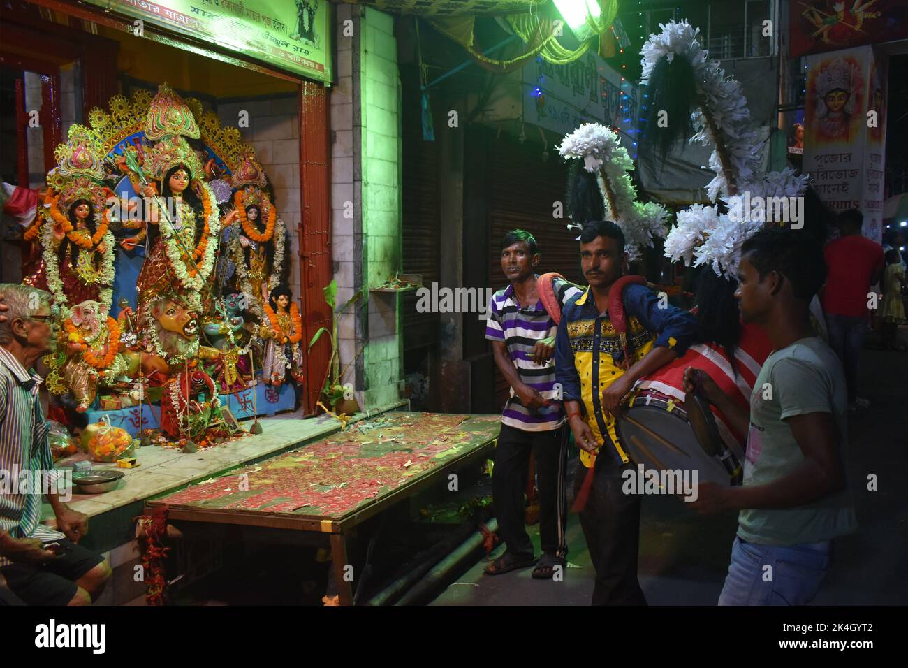 October 3, 2022, Kolkata, West Bengal, India Men beat the traditional Indian drums called