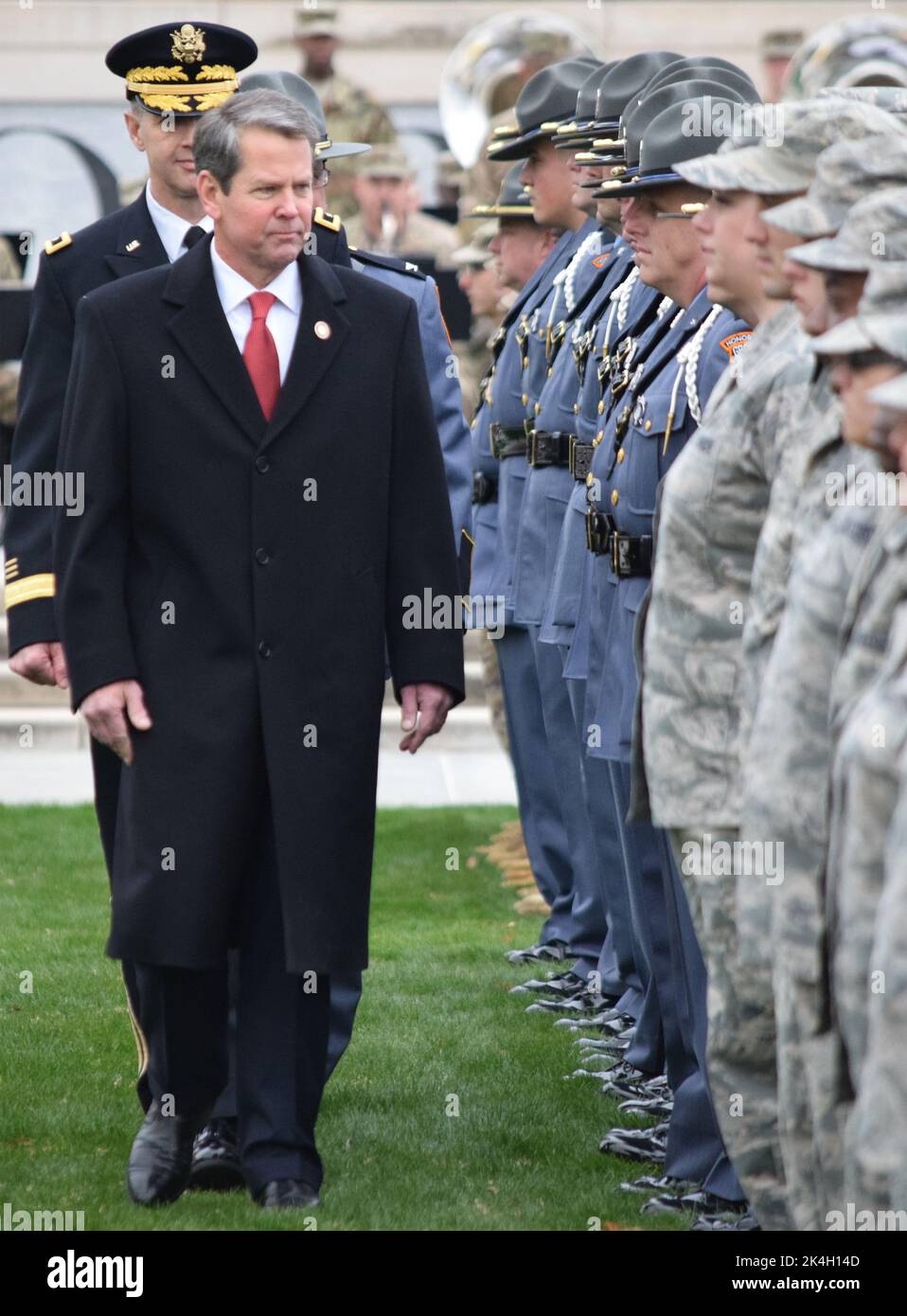 Georgia Governor Brian Kemp reviewing the troops of the Georgia State Defense Force, Georgia National Guard, and Georgia State Police on January 14, 2019 in Liberty Plaza next to the Georgia State Capitol in downtown Atlanta. (USA) Stock Photo