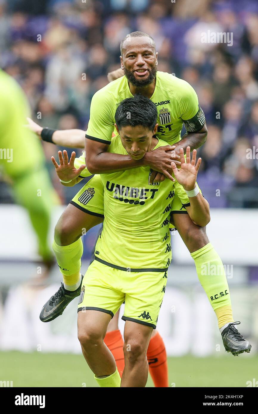 Charleroi's Ryota Morioka celebrates after scoring during a soccer match between RSCA Anderlecht and Sporting Charleroi, Sunday 02 October 2022 in Anderlecht, on day 10 of the 2022-2023 'Jupiler Pro League' first division of the Belgian championship. BELGA PHOTO BRUNO FAHY Stock Photo