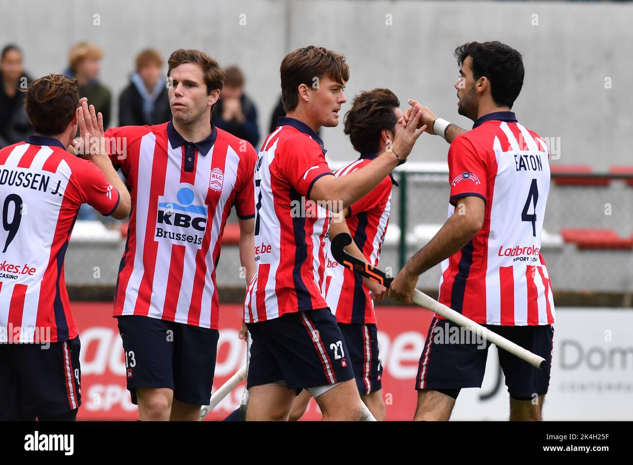 Leopold's players celebrates after scoring during a hockey game between Royal Leopold Club and Royal Oree HC, Sunday 02 October 2022 in Brussels, on day 6 of the Belgian Men Hockey League season 2022-2023. BELGA PHOTO JILL DELSAUX Stock Photo
