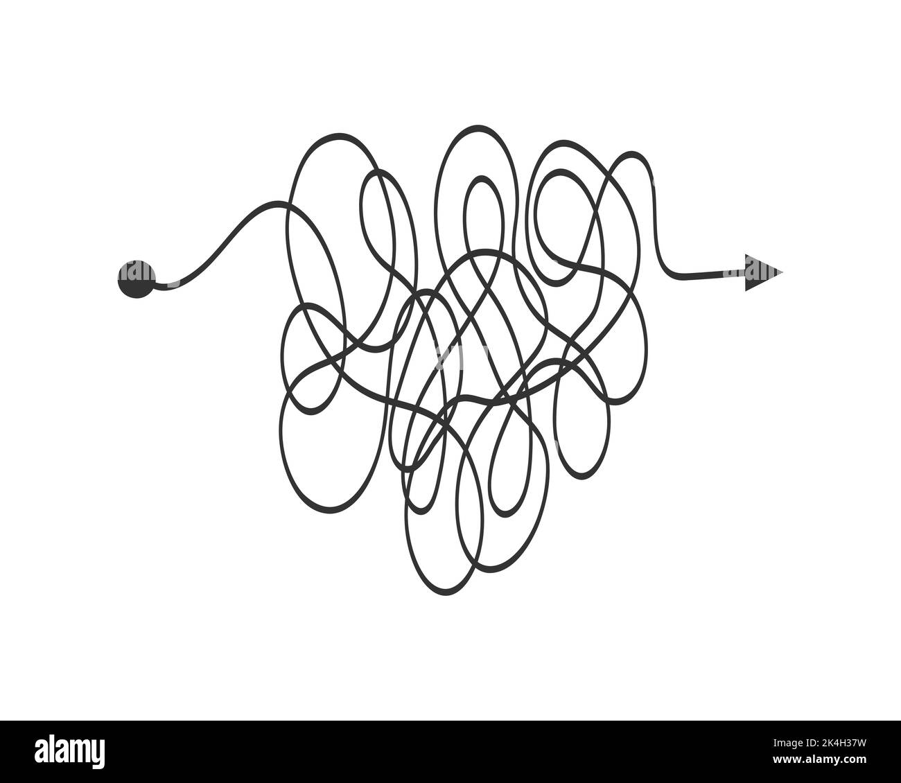 Chaotic line from start point to finish arrow. Complex problem solution concept. Brain work with new idea. Complexity sign. Vector graphic illustration Stock Vector