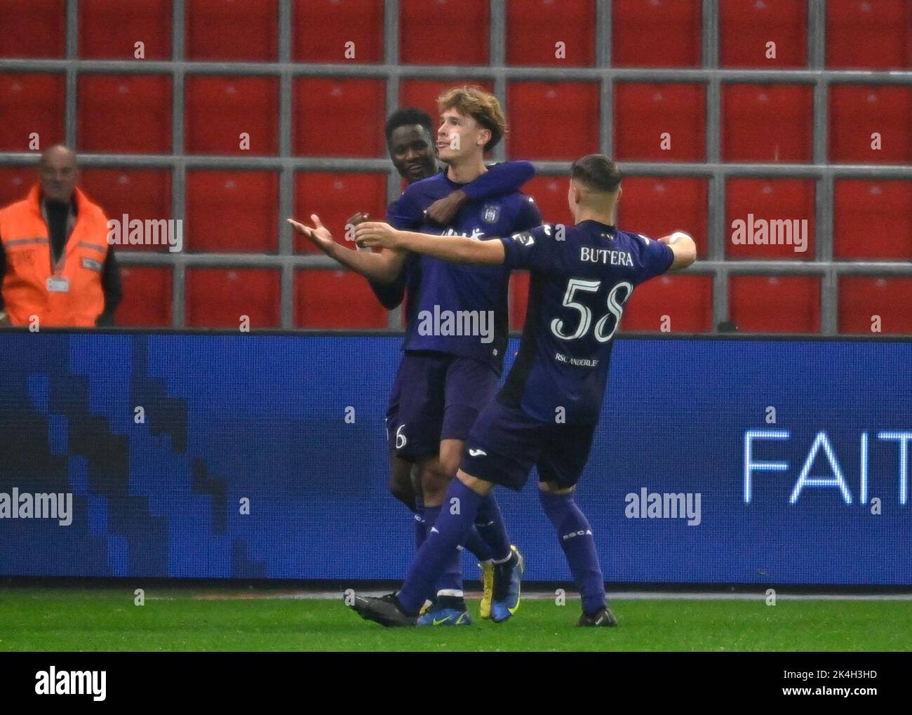 RSCA Futures' Lucas Stassin celebrates after scoring during a soccer match between SL16 FC and RSCA Futures (U23), Sunday 02 October 2022 in Liege, on day 7 of the 2022-2023 'Challenger Pro League' 1B second division of the Belgian championship. BELGA PHOTO JOHN THYS Stock Photo