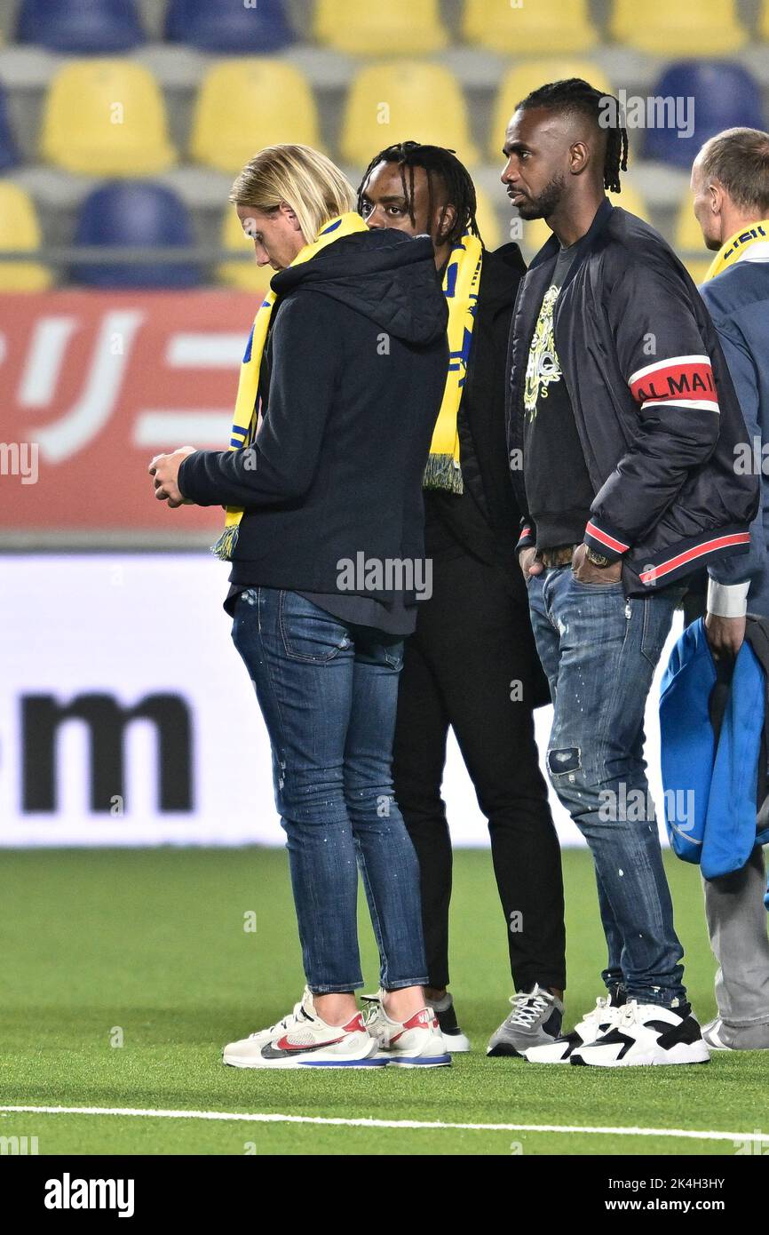 STVV Legends Jonathan Legear, Landry Mulemo, Ilombe Mboyo pictured before a soccer match between Sint-Truidense VV and KAS Eupen, Sunday 02 October 2022 in Sint-Truiden, on day 10 of the 2022-2023 'Jupiler Pro League' first division of the Belgian championship. BELGA PHOTO JOHAN EYCKENS Stock Photo