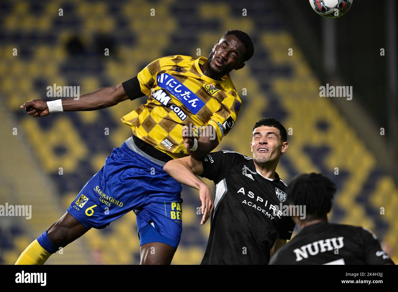 STVV's Mory Konate and Eupen's Isaac Christie-Davies fight for the ball during a soccer match between Sint-Truidense VV and KAS Eupen, Sunday 02 October 2022 in Sint-Truiden, on day 10 of the 2022-2023 'Jupiler Pro League' first division of the Belgian championship. BELGA PHOTO JOHAN EYCKENS Stock Photo