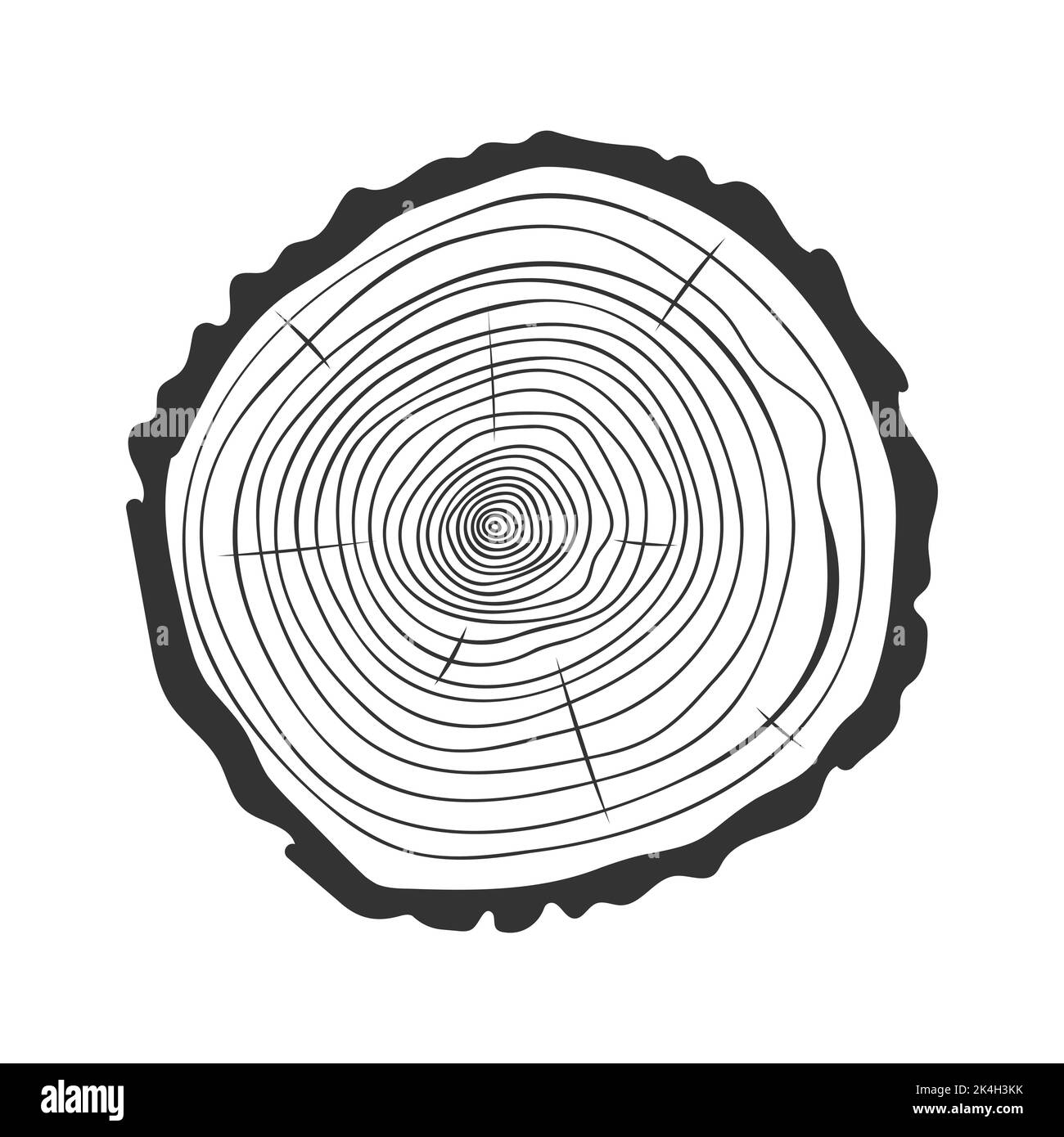 Tree rings icon. Trunk cross section outline texture. Dendrochronology method to determine tree age. Wooden surface doodle stamp isolated on white background. Vector hand drawn illustration Stock Vector