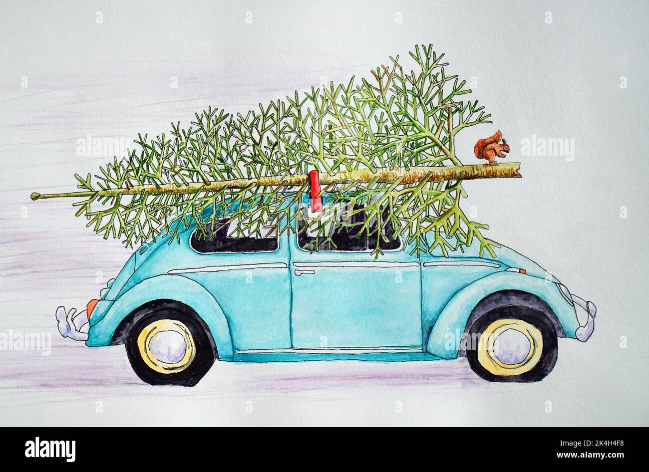 Funny Christmas Image of Car with large tree on roof plus squirrel Stock Photo