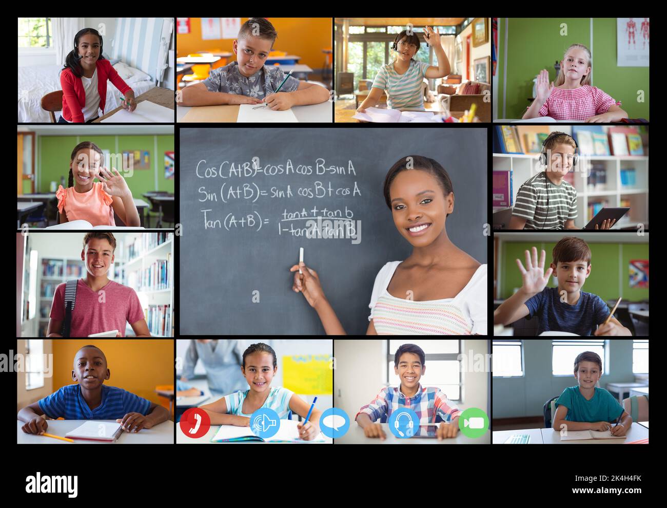 Video call interface with diverse female teacher and schoolchildren on ...