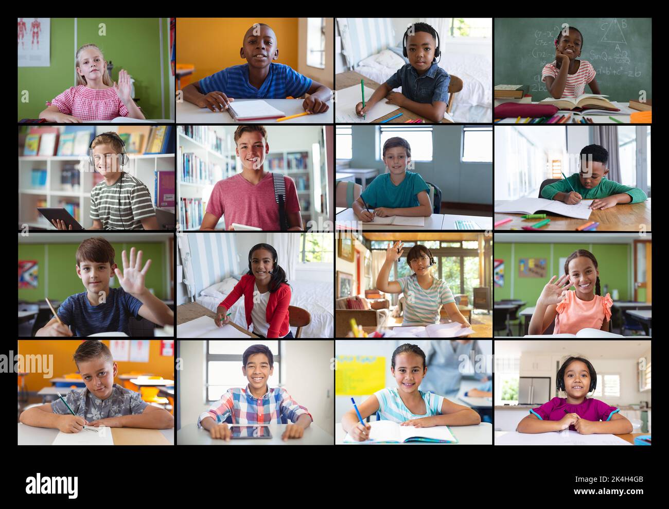 Video call interface with schoolchildren on screen. communication ...
