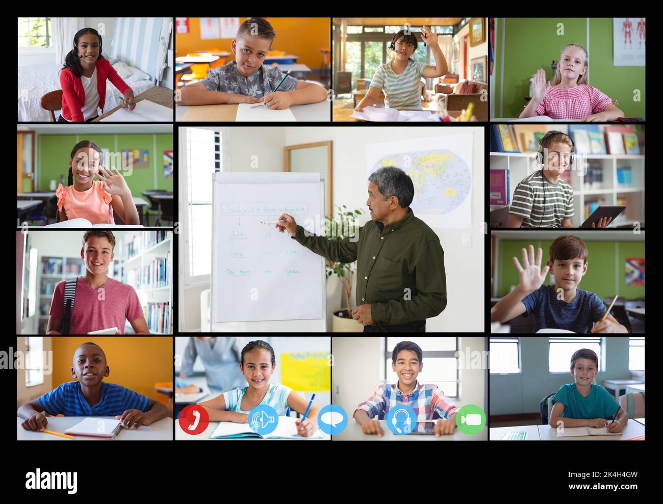 Video call interface with diverse male teacher and schoolchildren on ...