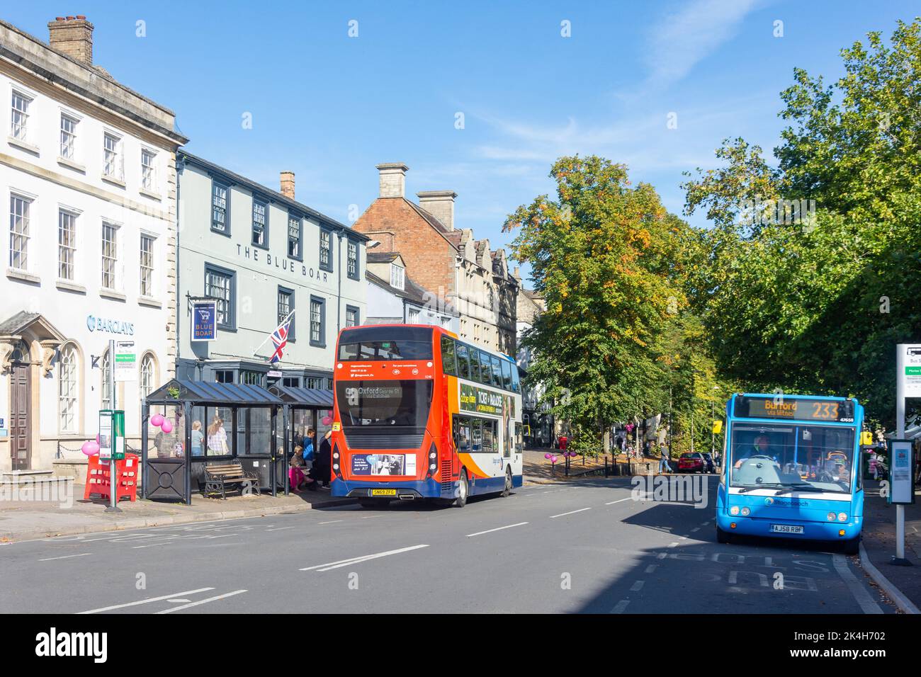 Local buses, Market Square, Witney, Oxfordshire, England, United Kingdom Stock Photo