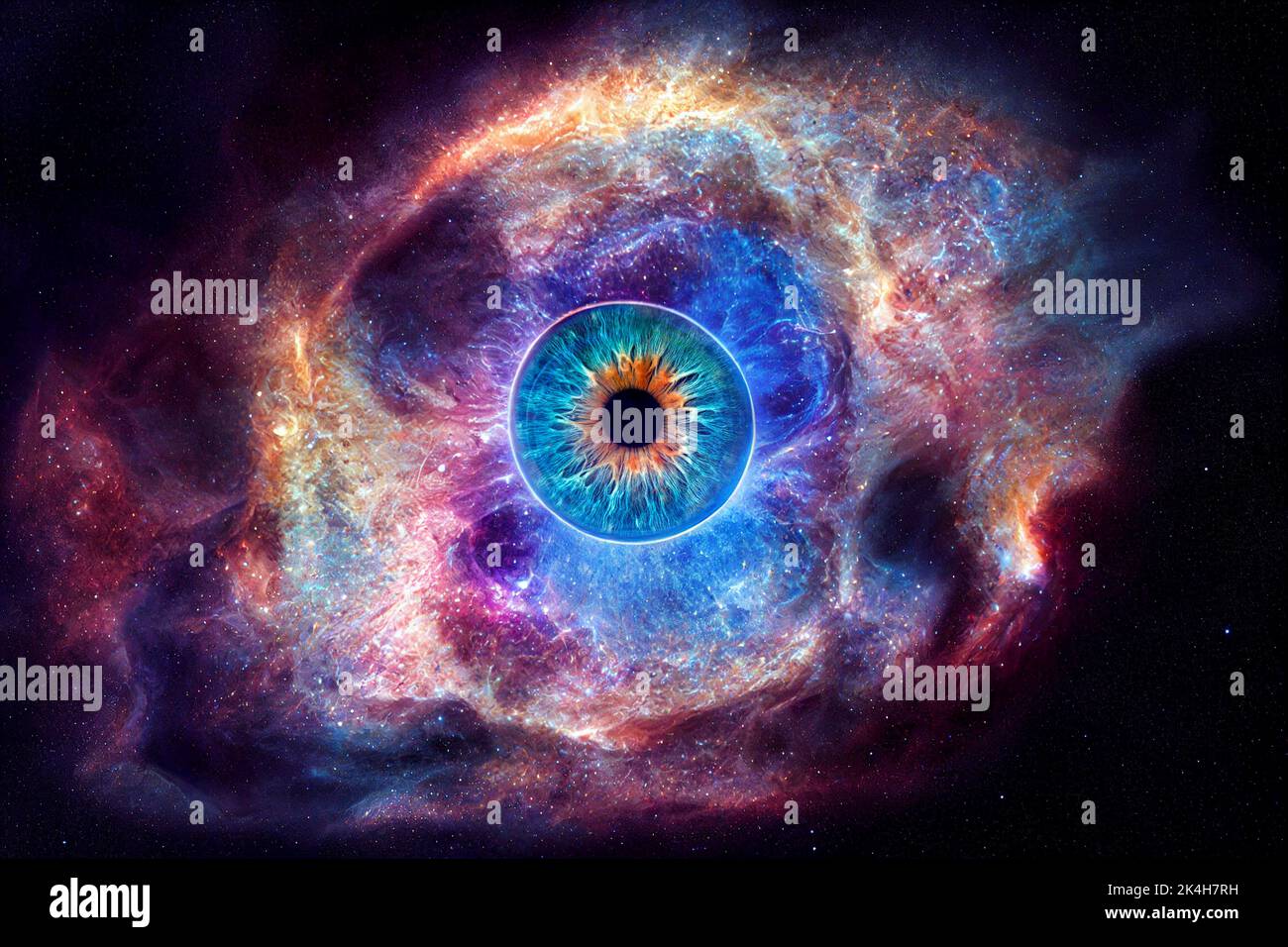 Outer space nebula abstract effect. Iris, eye of the universe. abstract circle explosion of hot orange and electric blue gases. Stock Photo