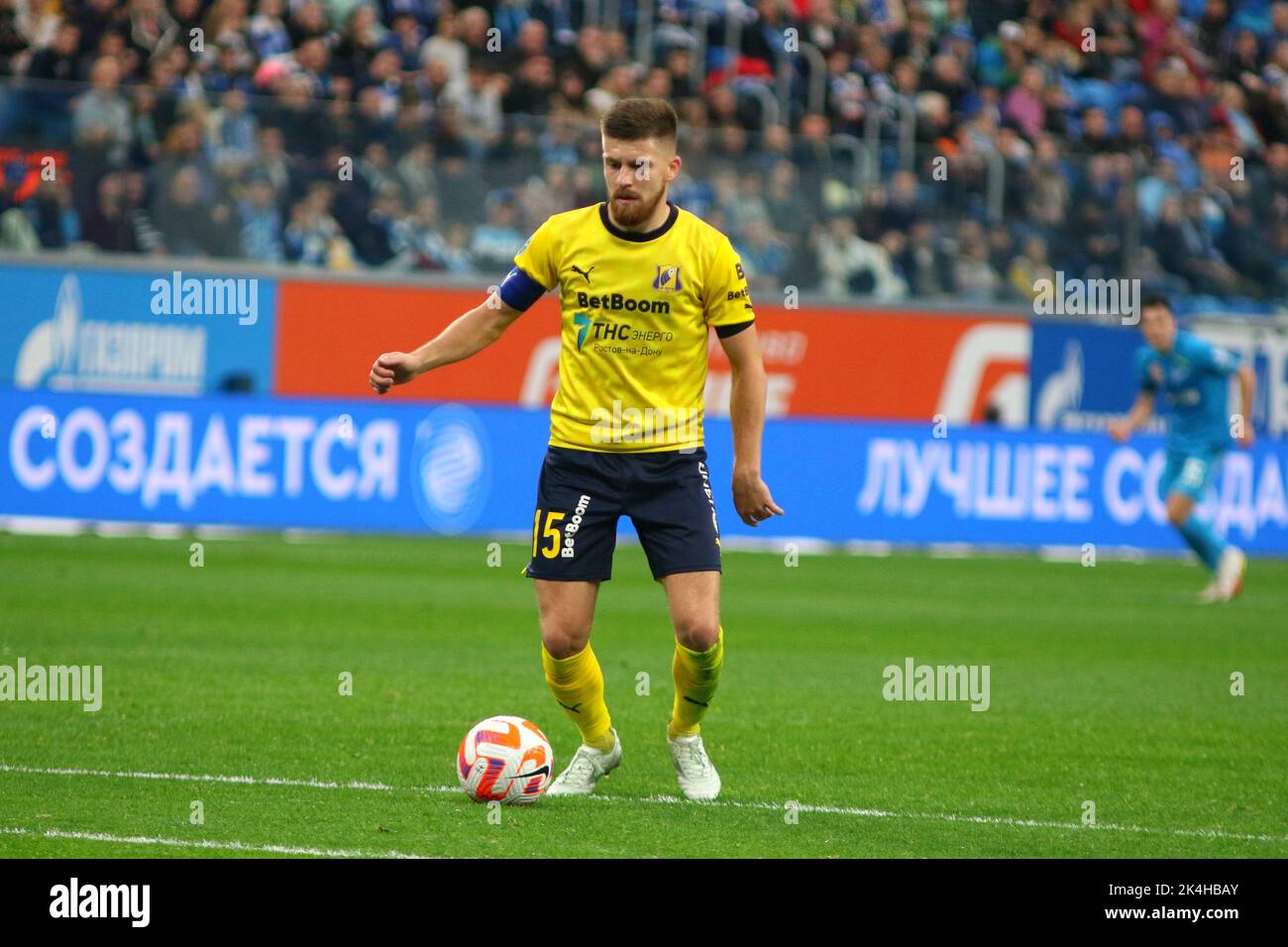 Saint Petersburg, Russia. 02nd Oct, 2022. Danil Glebov (No.15) of Rostov seen in action during the Russian Premier League football match between Zenit Saint Petersburg and Rostov at Gazprom Arena. Final score; Zenit 3:1 Rostov. (Photo by Maksim Konstantinov/SOPA Images/Sipa USA) Credit: Sipa USA/Alamy Live News Stock Photo