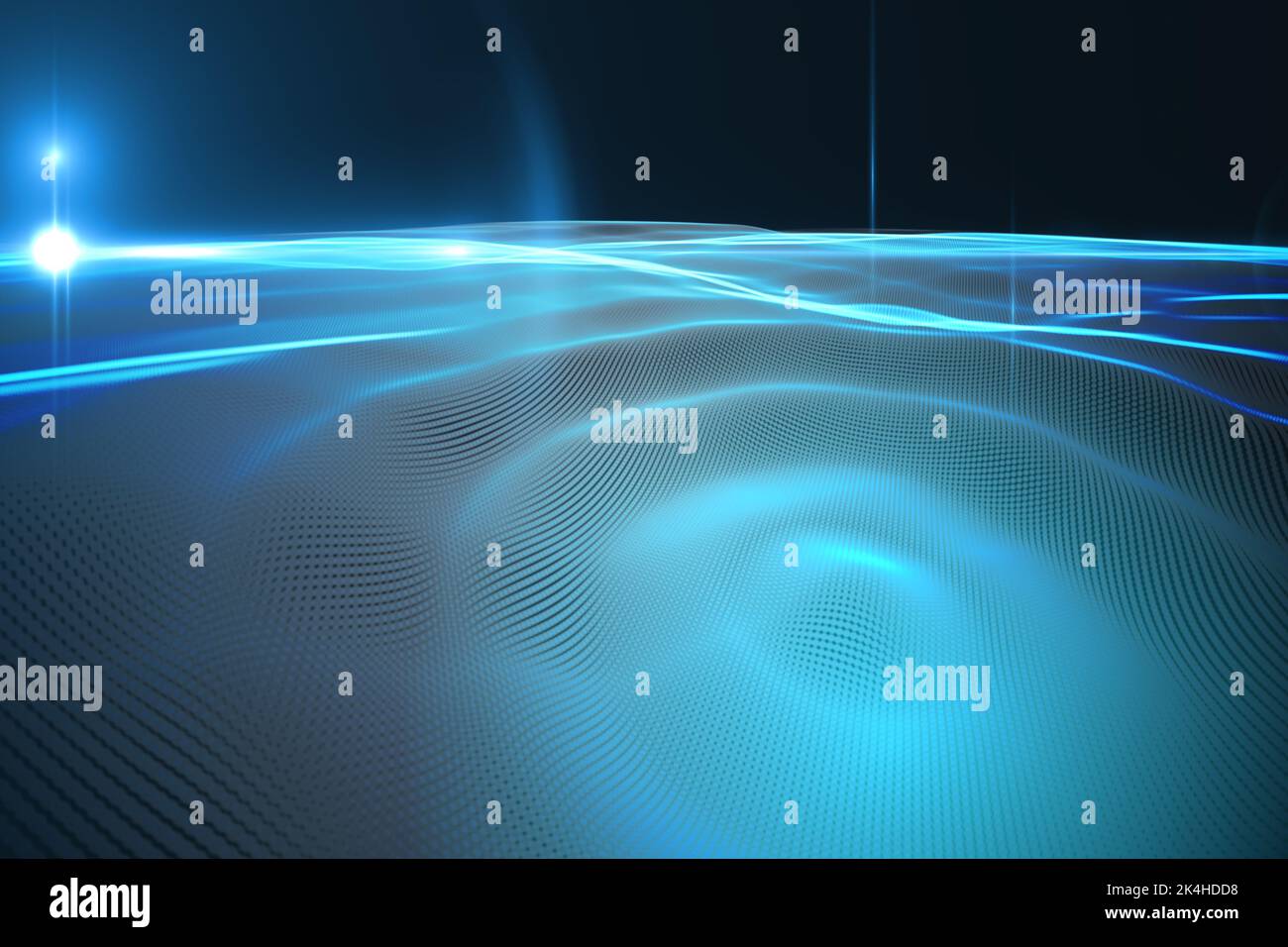 Abstract illustration of glowing blue digital wave and spot of light ...