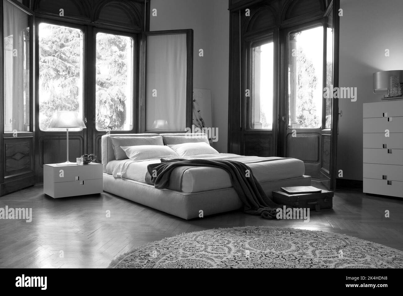 Modern luxury bedroom interior in minimal scandinavian style Stock