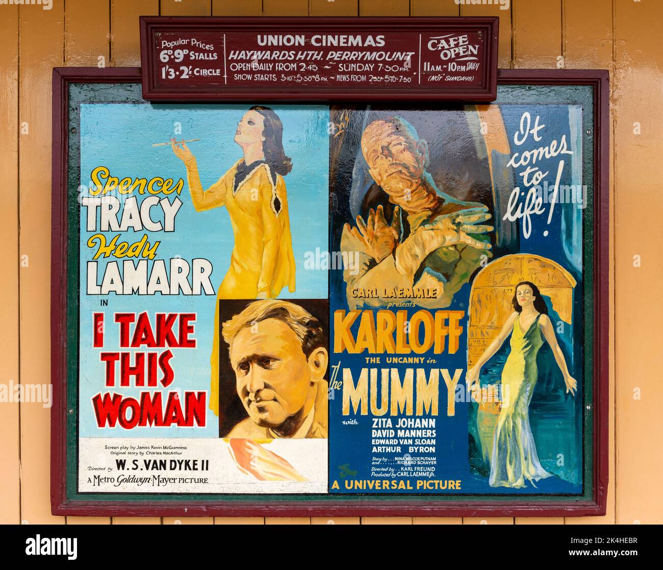 A vintage cinema advertising poster with 'The Mummy' with Boris Karloff (1932) and 'I take this woman' starring Hedy Lamarr (1940) Stock Photo