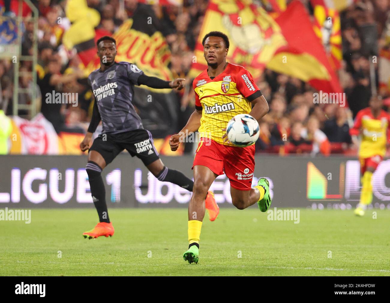 Lois Openda of Lens during the French championship Ligue 1 football match between RC Lens (RCL) and Olympique Lyonnais (OL, Lyon) on October 2, 2022 at Stade Bollaert-Delelis in Lens, France - Photo Jean Catuffe / DPPI Stock Photo