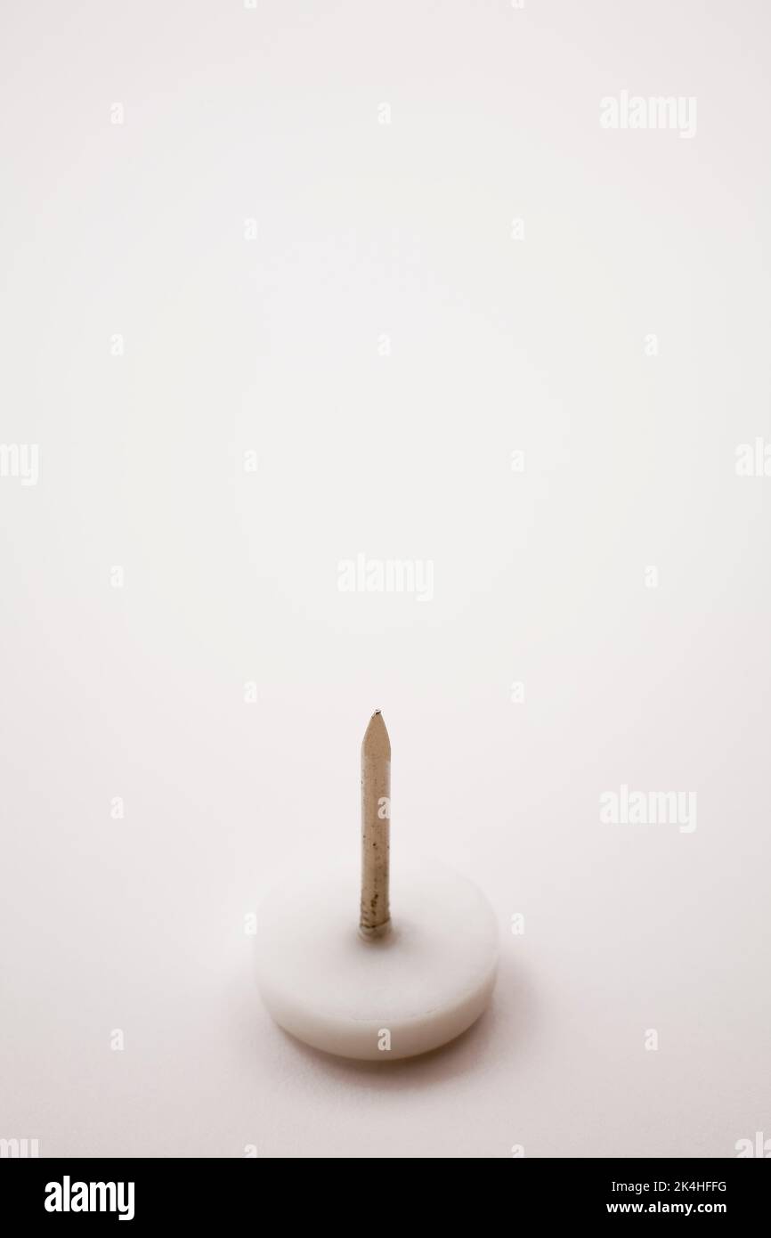 Upright white jumbo size thumbtack on white background, Studio
