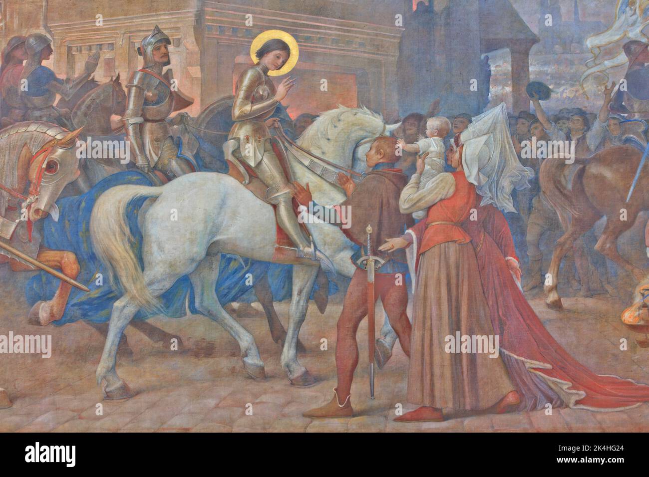 Joan of Arc (1412-1431), defender of the French nation, on a mural painting at the basilica of Bois-Chenu in Domrémy-la-Pucelle (Vosges), France Stock Photo