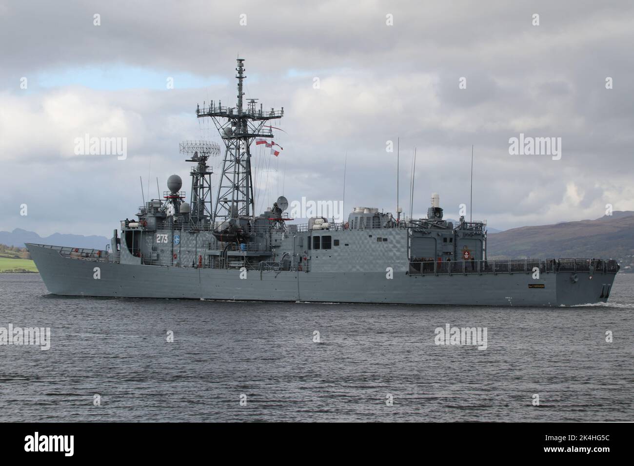 ORP General Tadeusz Kosciuszko (273), an Oliver Hazard Perry-class frigate operated by the Polish Navy, passing Greenock on the Firth of Clyde, as she departs to participate in Exercise Joint Warrior 22-2. The vessel formerly served with the United States Navy as USS Wadsworth (FFG-9) until 2002, when upon decommissioning, she was immediately transferred to the Polish Navy. Stock Photo