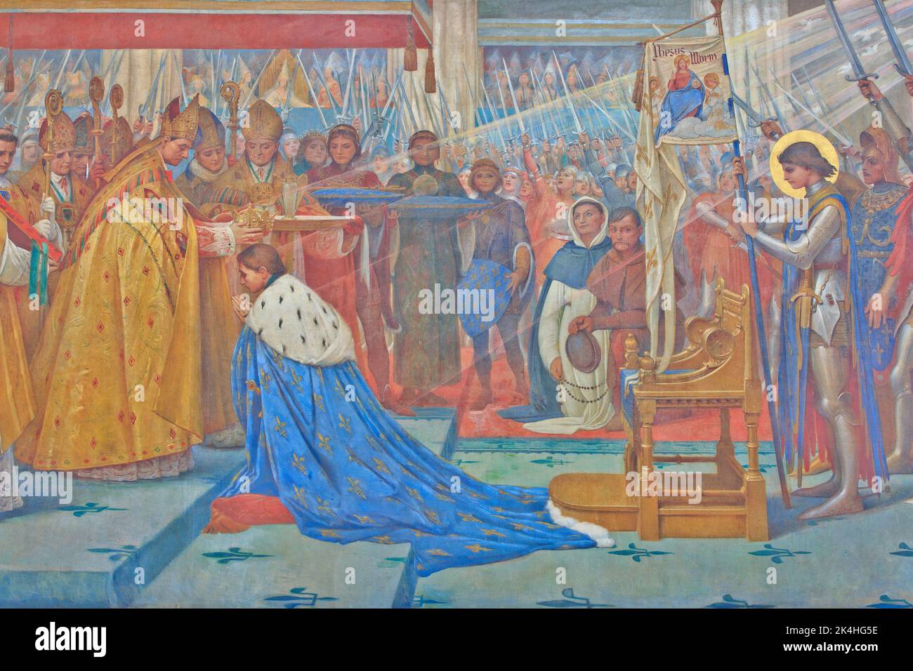 Joan of Arc at the coronation of king Charles VII of France on a mural painting at the basilica of Bois-Chenu in Domrémy-la-Pucelle (Vosges), France Stock Photo