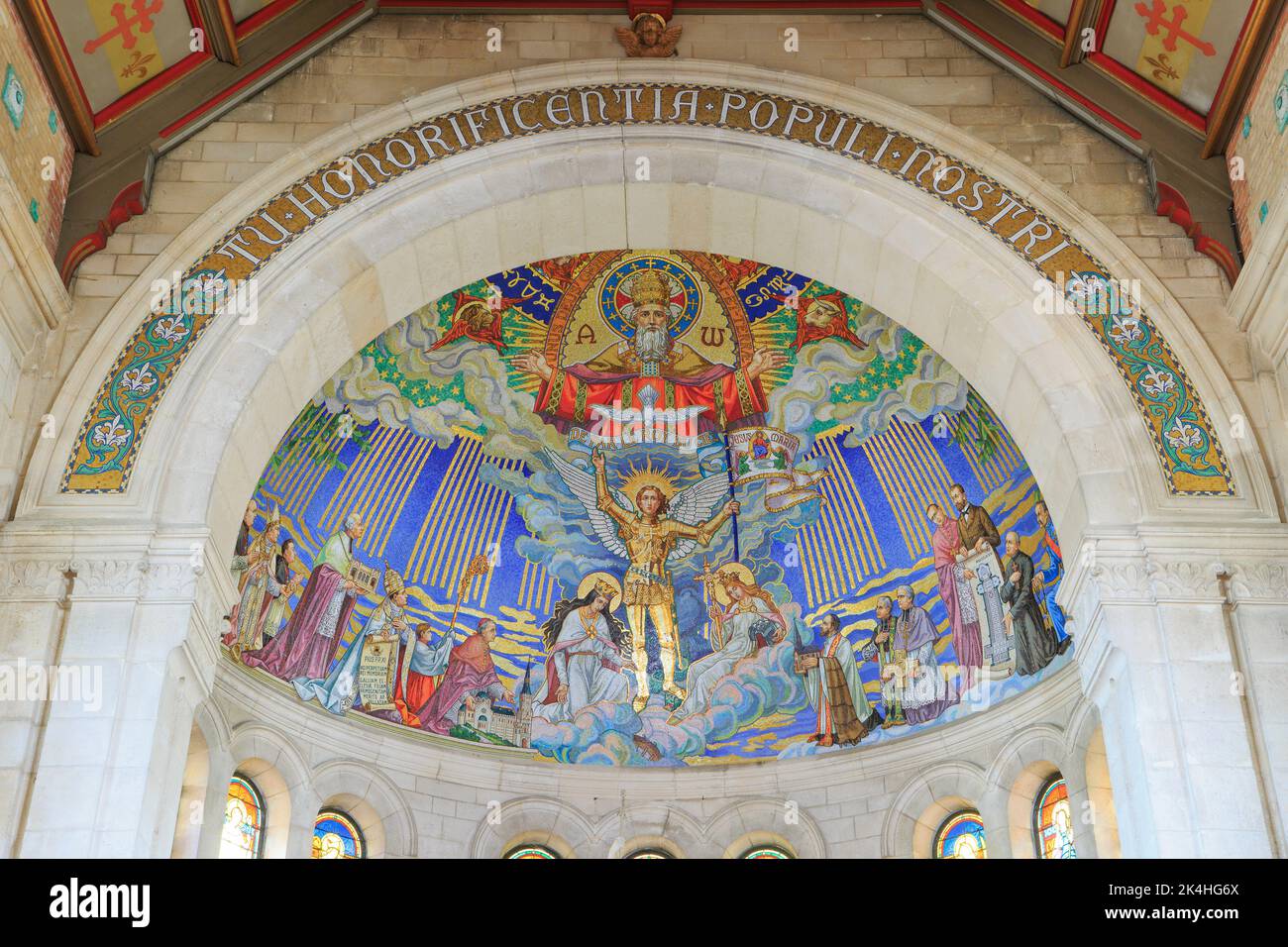 Ceiling mosaic showing Joan of Arc (1412-1431), patron saint of France, at the basilica of Bois-Chenu in Domrémy-la-Pucelle (Vosges), France Stock Photo
