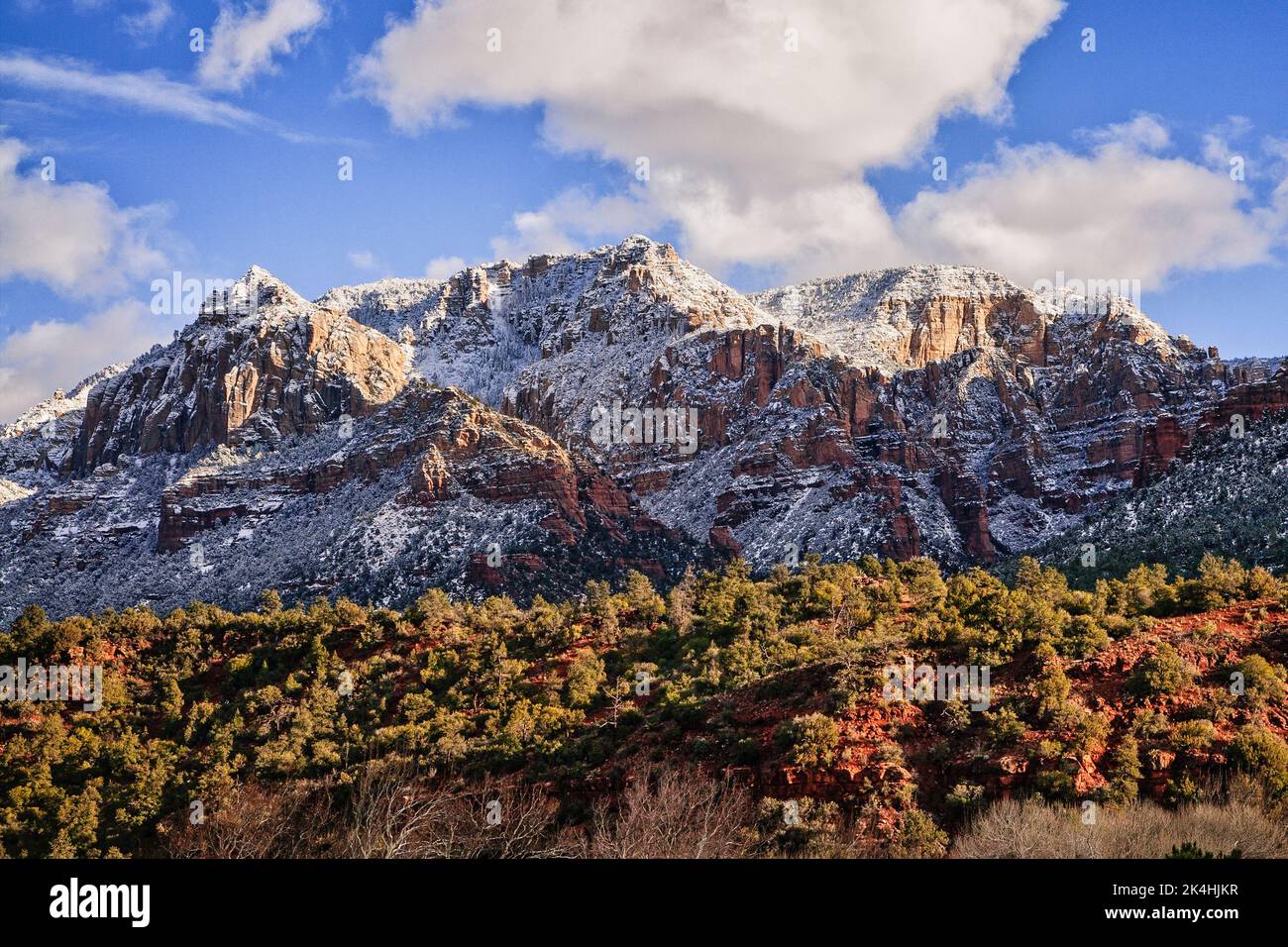 The snow covered red rock mountains of Sedona, Arizona. Stock Photo