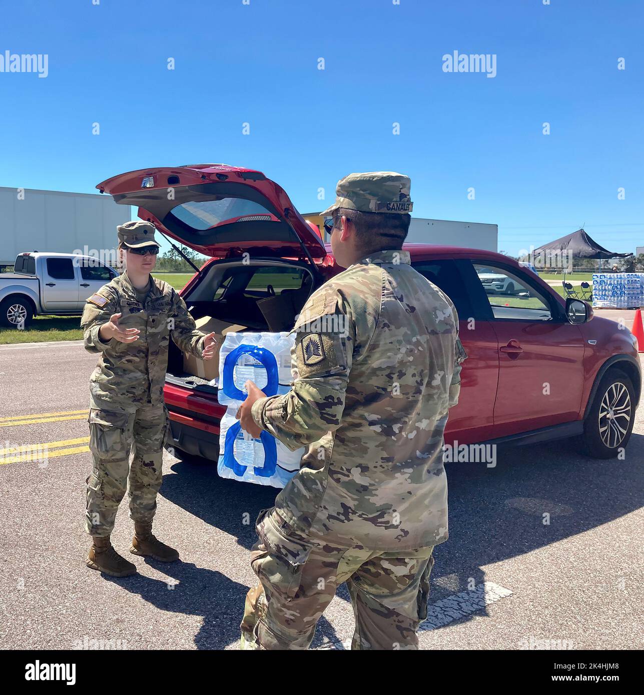 The 3-116th Field Artillery Battalion has already started distributing food, water and ice at the Lee County Sports Complex in Fort Myers. HHD is overseeing the point of distribution (POD), and the Alpha Battery is supporting the County Staging Area (CSA), both efforts supporting the aftermath of Hurricane Ian. Stock Photo
