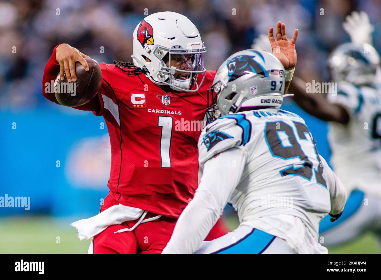 Carolina Panthers defensive end Yetur Gross-Matos (97) on defense during an  NFL preseason football game against the Buffalo Bills, Saturday, Aug. 26,  2022, in Charlotte, N.C. (AP Photo/Brian Westerholt Stock Photo - Alamy