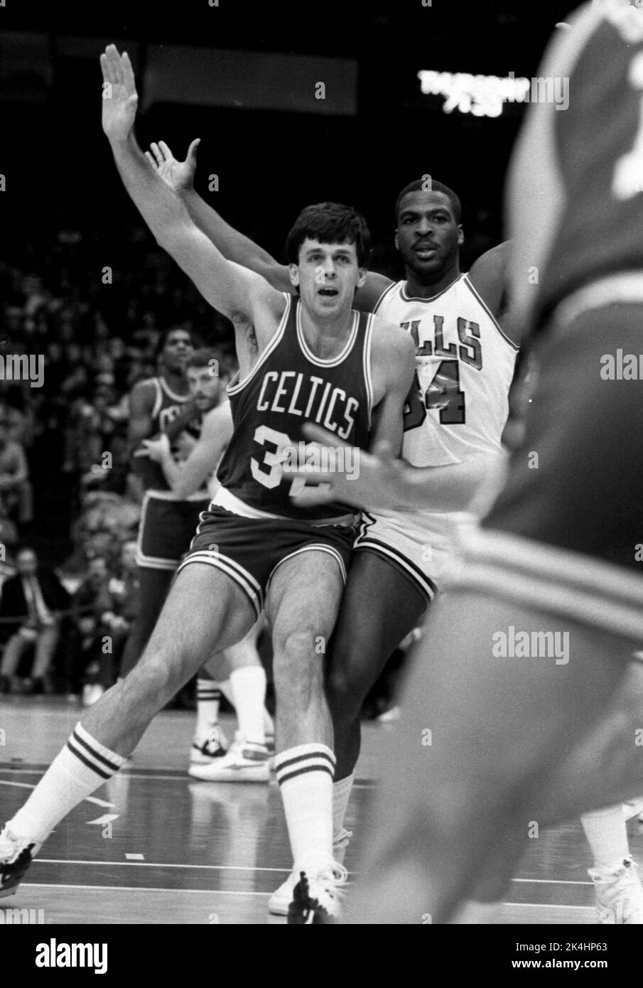 Kevin McHale of the Boston Celtics is shown in NBA action against the Chicago Bulls, c. 1988. Stock Photo