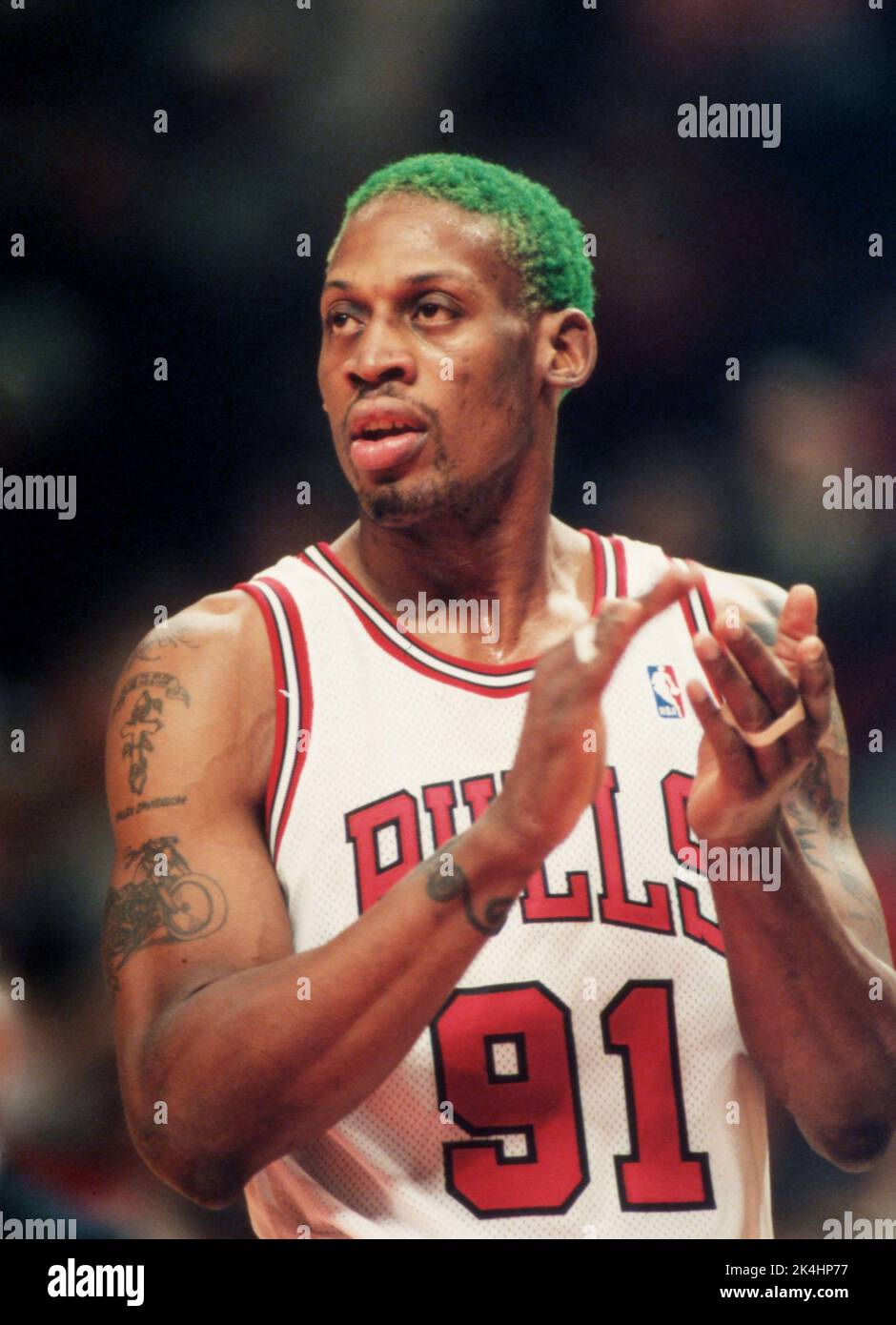 Dennis Rodman of the Chicago Bulls in shown during game action, ca