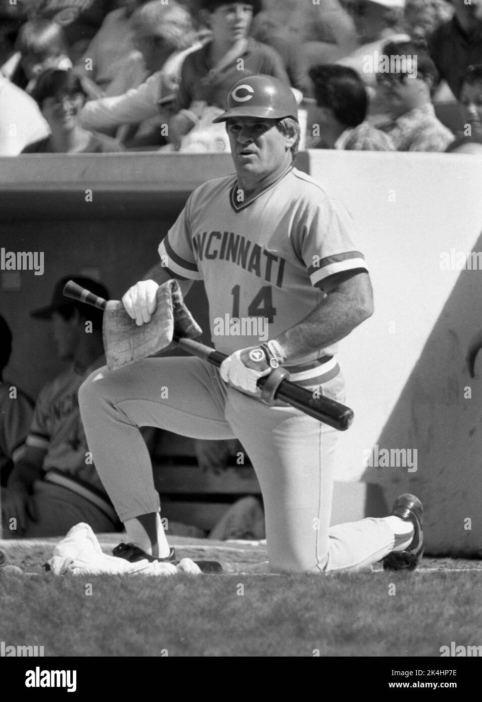 Pete Rose, player and manager of the Cincinnati Reds, is shown during game action at Wrigley Field in Chicago, ca. 1985 Stock Photo