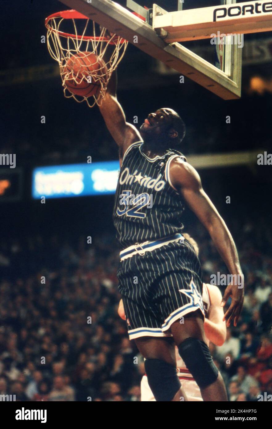 Orlando Magic center Shaquille O'Neal is shown during his rookie year during a game in Chicago against the Bulls. in 1992. Stock Photo