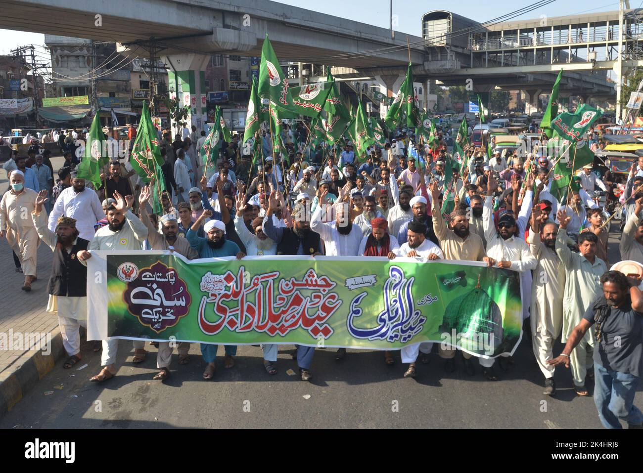 Lahore, Pakistan. 02nd Oct, 2022. Activists of Pakistan Sunni Tehreek hold a rally in connection with the upcoming Eid Milad un-Nabi (PBUH) in the Provincial Capital city Lahore. (Photo by Rana Sajid Hussain/Pacific Press) Credit: Pacific Press Media Production Corp./Alamy Live News Stock Photo