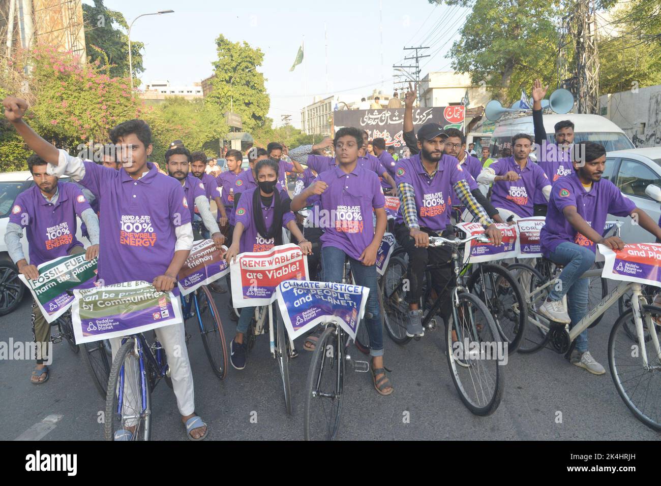 Lahore, Pakistan. 02nd Oct, 2022. Activists of the Pakistan Rabta Committee hold a bicycle rally in favor of their demands in front of the Press Club, in the Provincial Capital city Lahore. (Photo by Rana Sajid Hussain/Pacific Press) Credit: Pacific Press Media Production Corp./Alamy Live News Stock Photo