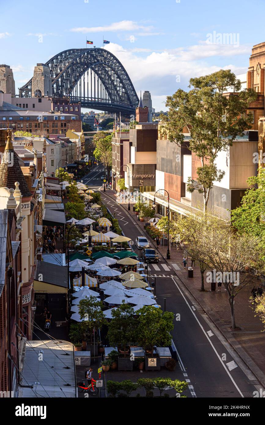Cafe and pub terraces at the northern end of George Street in The Rocks neighborhood of Sydney Stock Photo